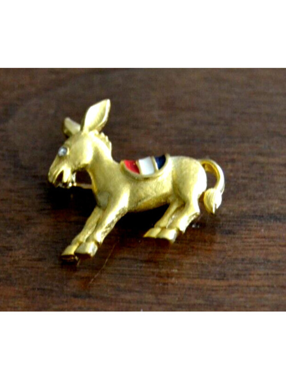 Vintage Trifari Donkey Brooch Red White Blue Enamel Gold Tone Signed Patriotic